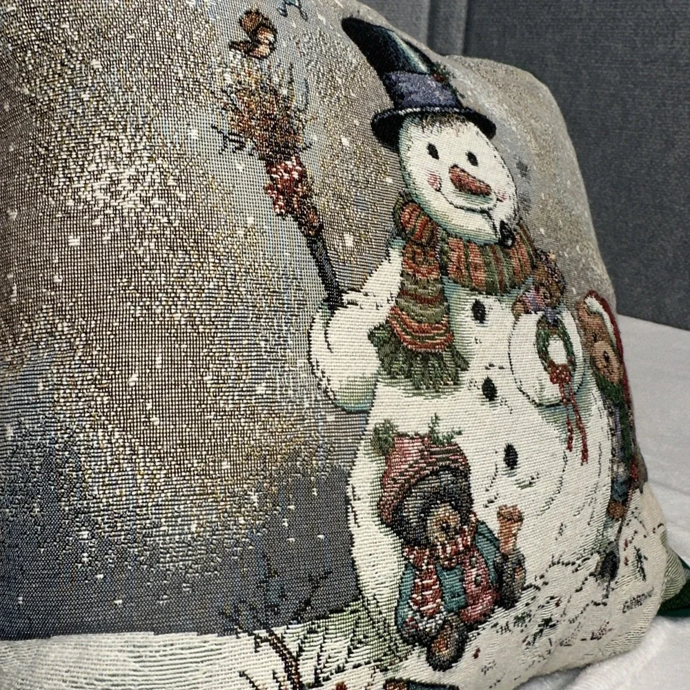 Vtg Riverdale Tapestry Snowman Pillow Bear Winter Christmas Giordana USA 16